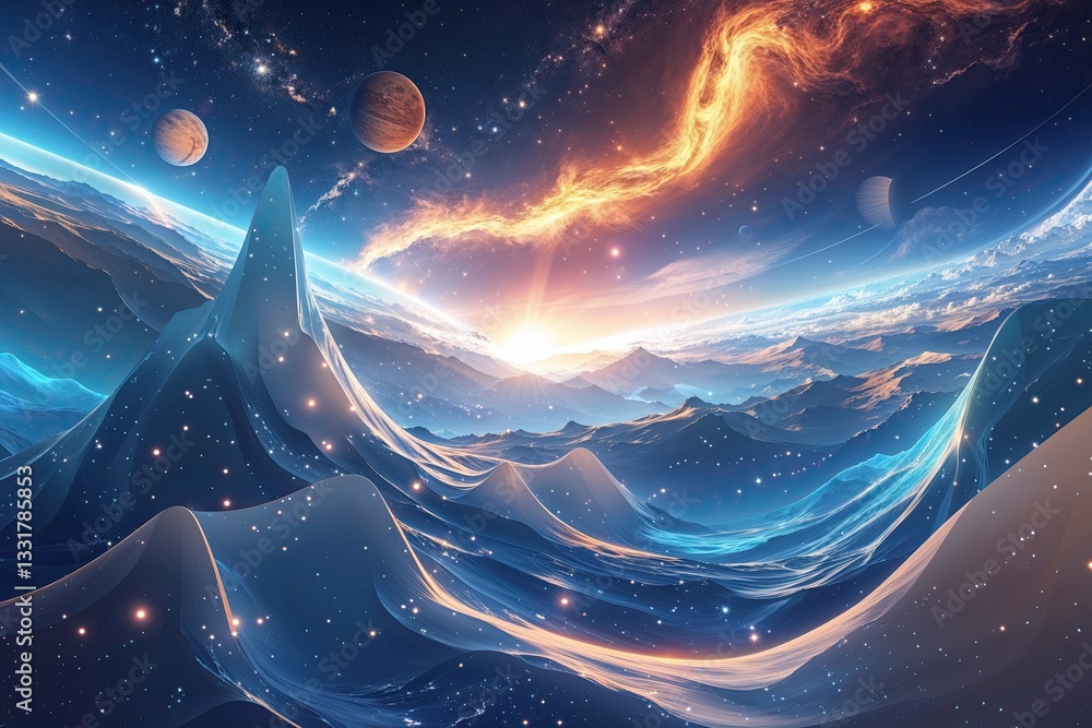 Poster evolving cosmic animation design with dynamic elements and azure colors