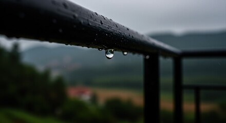 Rain drop on a black railing.