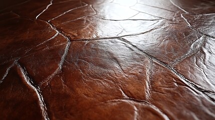 Close-up of a textured brown leather surface with visible cracks and natural patterns creating an abstract visual effect