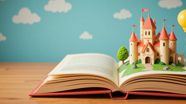 Open book with castle model and balloon on light blue background