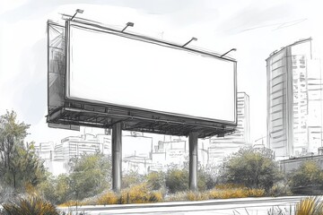 Obraz premium Empty billboard stands amidst urban landscape on a cloudy day against a backdrop of skyscrapers and green foliage