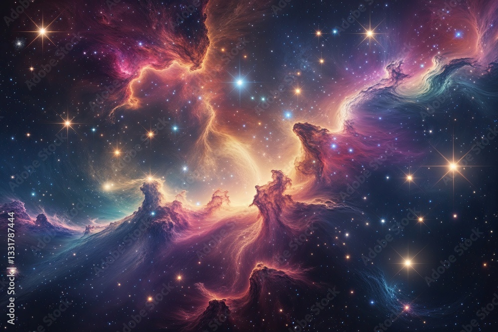 Poster vibrant space background featuring colorful nebula shimmering stars and cosmic elements