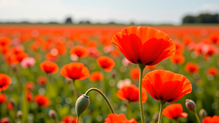 Poppy flowers blooming in vibrant red field