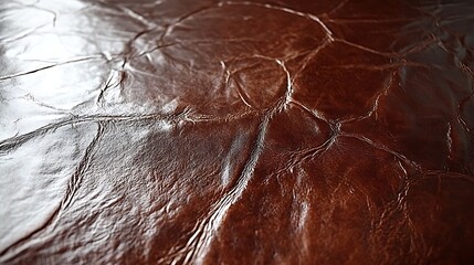 Close-up of a textured brown leather surface with visible cracks and natural patterns creating an abstract visual effect