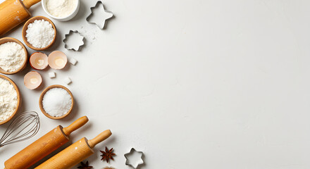 Overhead flat lay arrangement of baking ingredients and utensils on white background