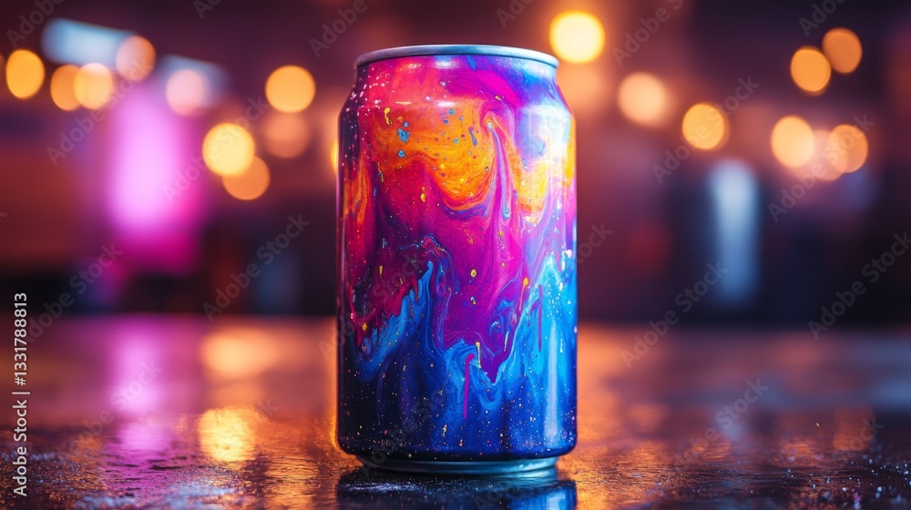 Poster a vibrant beverage can with artistic swirling patterns stands on a reflective surface. blurred color
