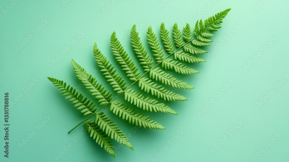 Poster a single green fern leaf resting against a teal background