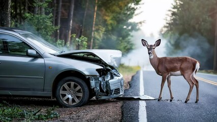 A car crash involving a deer on a forest road, with smoke rising from the damaged vehicle. This image is perfect for use in safety campaigns, wildlife conservation blogs, or articles addressing road a