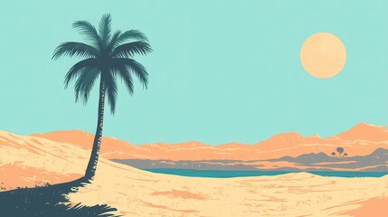 Serene Oasis Lone Palm Tree in Desert Landscape under a Pastel Sun