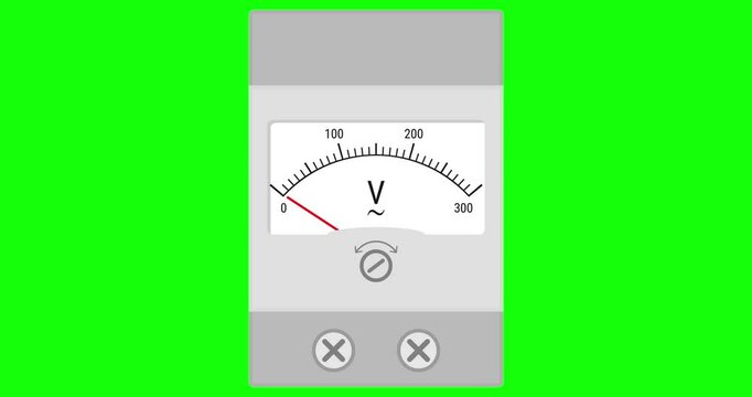 Analog voltmeter animation with the pointer reaching 230 volts. Green screen animation for educational demonstration