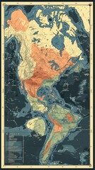 Naklejka premium Geographic North and South America map for education with topography features of lands and ocean