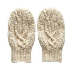 A Pair of White Knit Mittens with Braided Patterns Isolated on Transparent Background