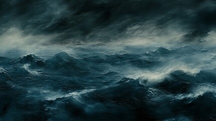 Obraz premium Dark cloudy skies and rough stormy ocean waves surge together