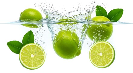 Refreshing Limes Splashing in Water Vibrant Green Citrus Fruit Photography Healthy Diet Summer Drink