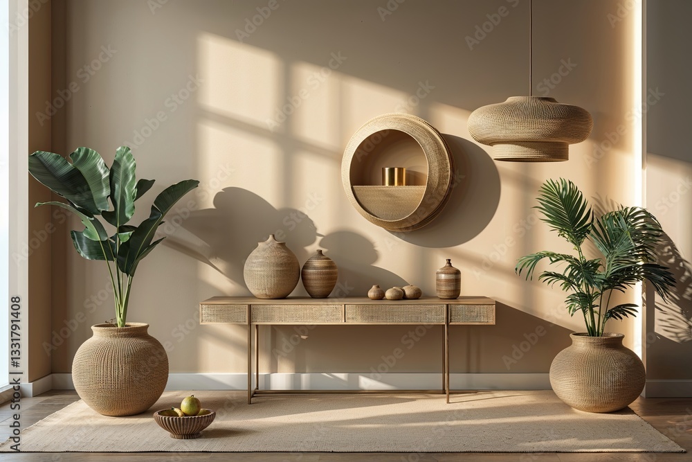 Poster beige canvas for stylish item display with highlights and shadows in a contemporary space
