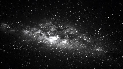 Black and white photograph of a vast star-filled night sky with a dense Milky Way galaxy band.