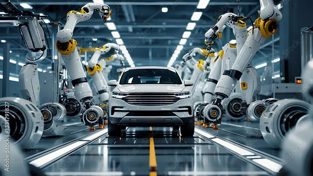Poster automated car manufacturing assembly line with robotic arms assembling a modern electric vehicle in 