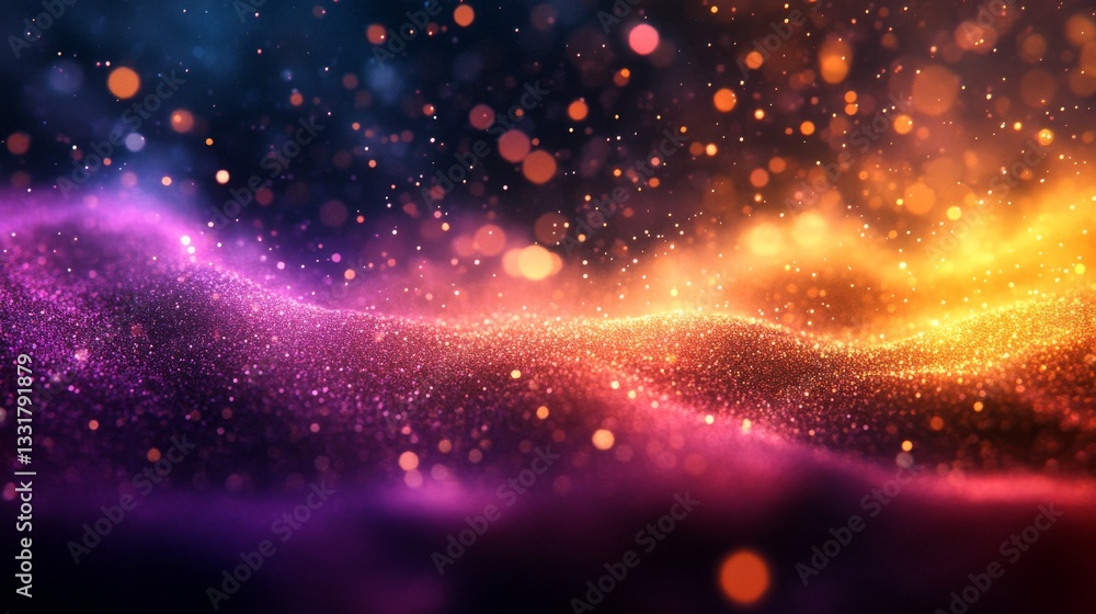 Poster colorful glowing particles floating in a dark gradient background