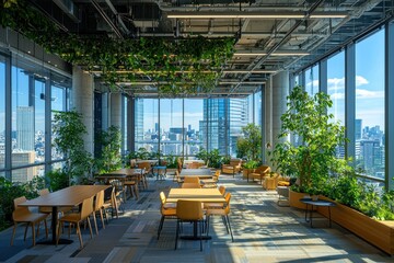 Naklejka premium Modern Japanese urban cafe with city views, plants, and tables