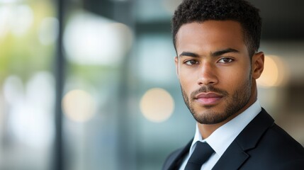 Fototapeta premium Confident African American businessman in suit, blurred office background, exuding professionalism and determination.