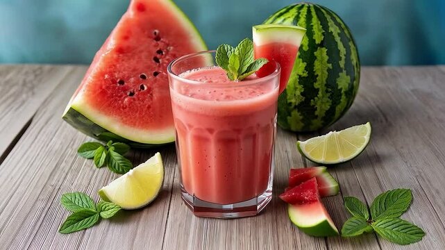 Batido de sand&iacute;a en vaso con rodajas de lima y menta