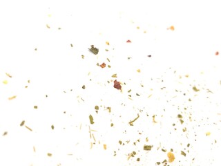 Very little pieces of aromatic spices on a white background.
