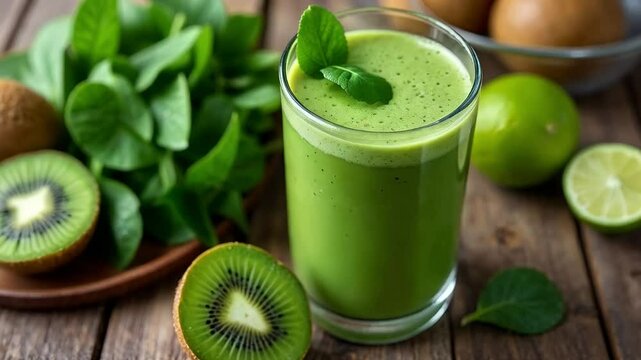 Batido verde de kiwi, espinaca y lima en vaso de vidrio