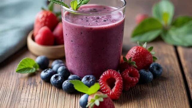 Batido de frutos rojos en vaso con fresas y ar&aacute;ndanos frescos