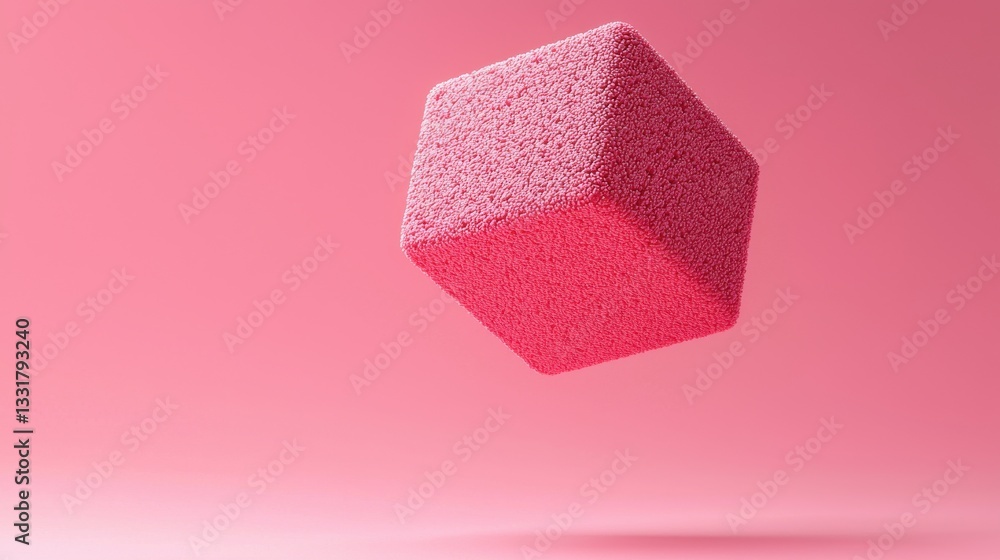 Poster floating pink textured cube on soft pink background in minimalist style for modern design projects