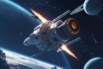 Obraz premium Adorable Flat Design Spacecraft in Expansive Universe for Space Exploration Wallpaper