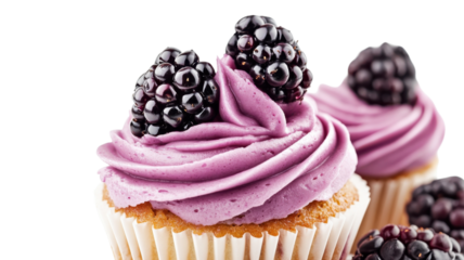 Delicious blackberry cupcakes topped with creamy purple frosting and fresh blackberries in a simple setting
