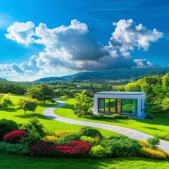 Naklejka premium Modern House Surrounded by Lush Greenery and Vibrant Flower Beds