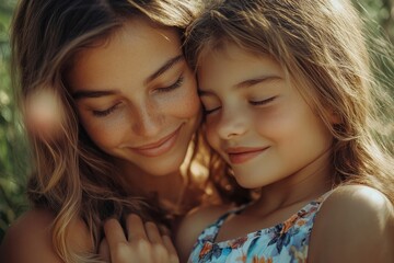 mother and daughter embracing and smiling with closed eyes.