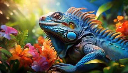Obraz premium A vibrant blue iguana basking peacefully in a lush tropical garden, surrounded by rich greenery and an array of colorful flowers, showcasing its natural beauty.