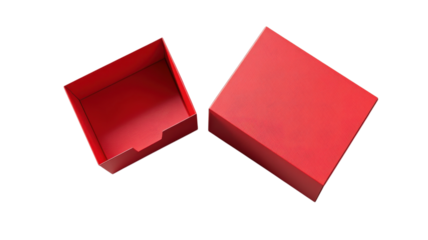 Red gift box with removable lid placed beside empty square box on a plain background