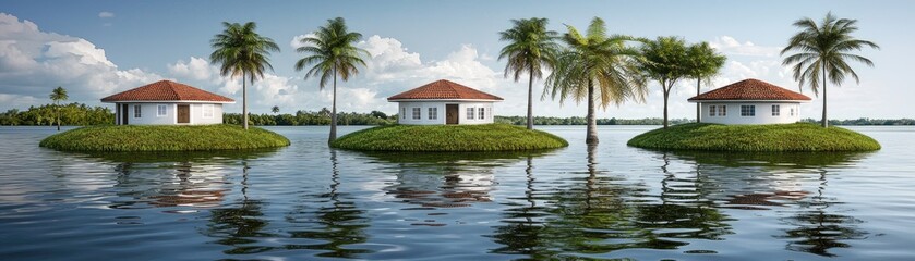 Obraz premium Idyllic houses with palm trees sit on small islands in a tropical lagoon