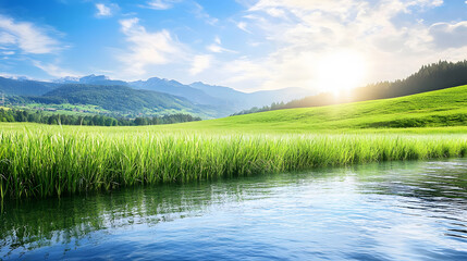 Fototapeta premium Serene river landscape mountain range nature photography tranquil environment early morning light