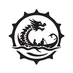 Naklejka premium Black and white vector silhouette logo for Dragon Boat Festival. The design utilizes geometric shapes and clean lines, resulting in a balanced, symmetrical, and visually clear image on a white