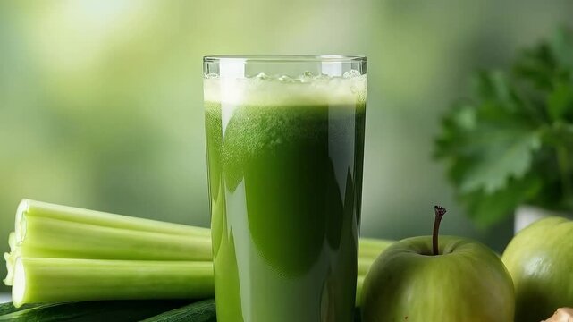 Jugo verde detox con pepino, apio, manzana y jengibre en vaso alto