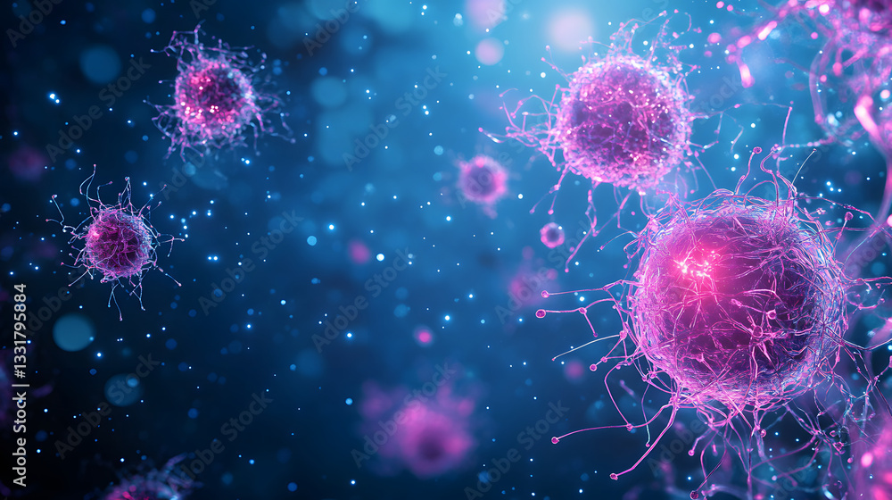 Poster futuristic representation of quantum theory with vibrant microorganisms science lab digital art