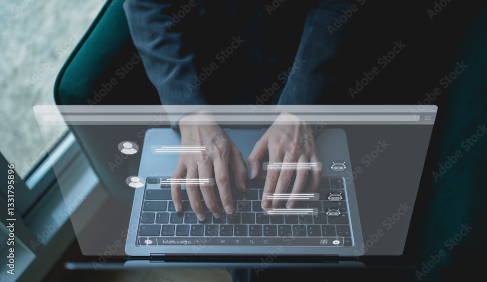 Poster a person typing on a laptop, showcasing hands above the keyboard, with a blurred background indicati