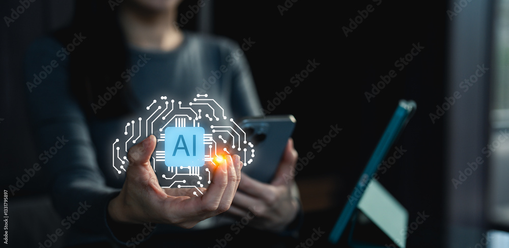 Poster a person is interacting with a smartphone, showcasing an ai concept represented by circuits and a gl