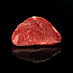 A high-quality wagyu beef slice displays intricate marbling on a black reflective surface, highlighting its luxurious texture and gourmet appeal.