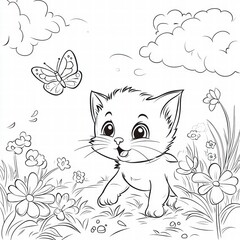 Obraz premium Playful Kitten and Butterfly: A charming illustration of a cute kitten's playful encounter with a delicate butterfly amidst a field of blossoming flowers, painted with innocent joy.