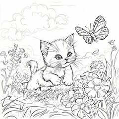 Obraz premium Playful Kitten and Butterfly: A charming illustration showcases a curious kitten captivated by a fluttering butterfly, set amidst a vibrant flower-filled meadow. It evokes the simple joys of nature.