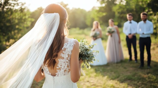 Elegant bride approaches her wedding party bathed in warm sunlight