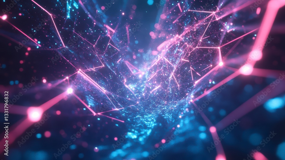 Poster digital nexus: a vibrant and dynamic visualization of a complex digital network, with glowing lines 