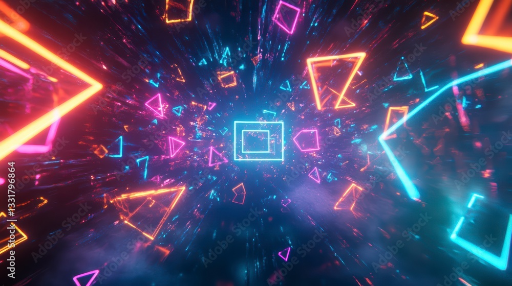 Poster a vibrant and dynamic digital artwork features a mesmerizing tunnel of geometric shapes glowing with