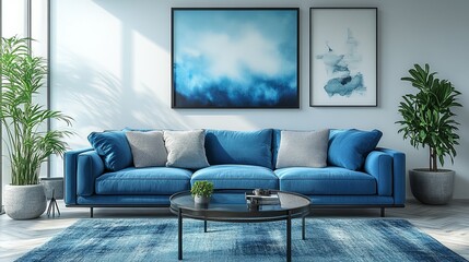 Bright Blue Living Room Interior with Modern Sofa and Abstract Art