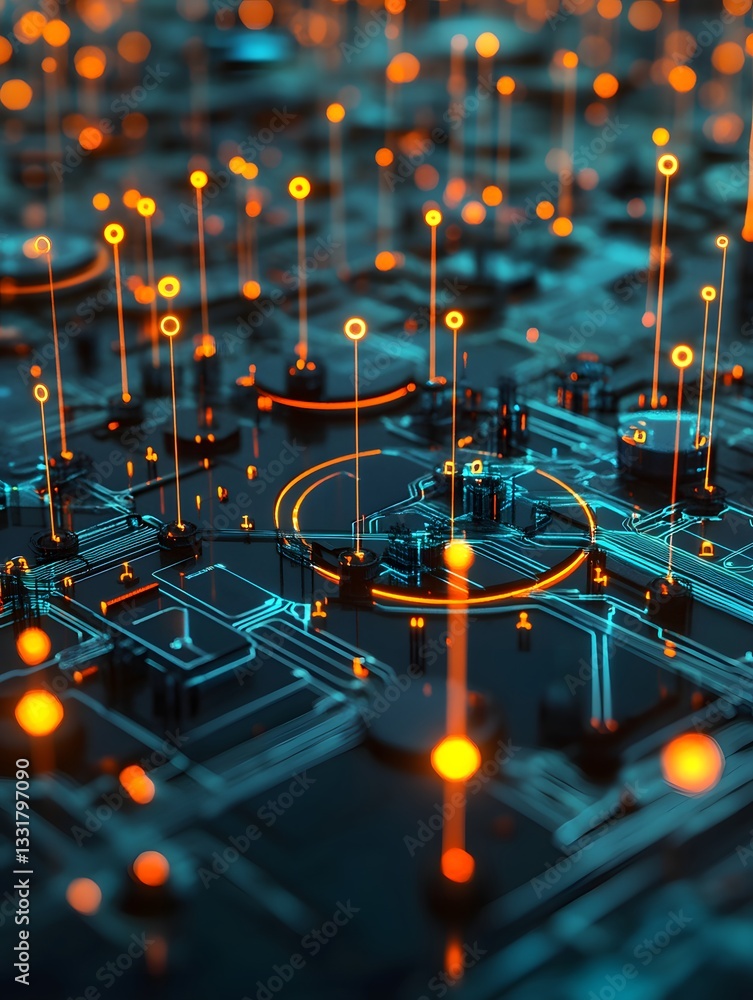 Aufkleber abstract close-up of a futuristic circuit board with glowing orange lights and intricate patterns